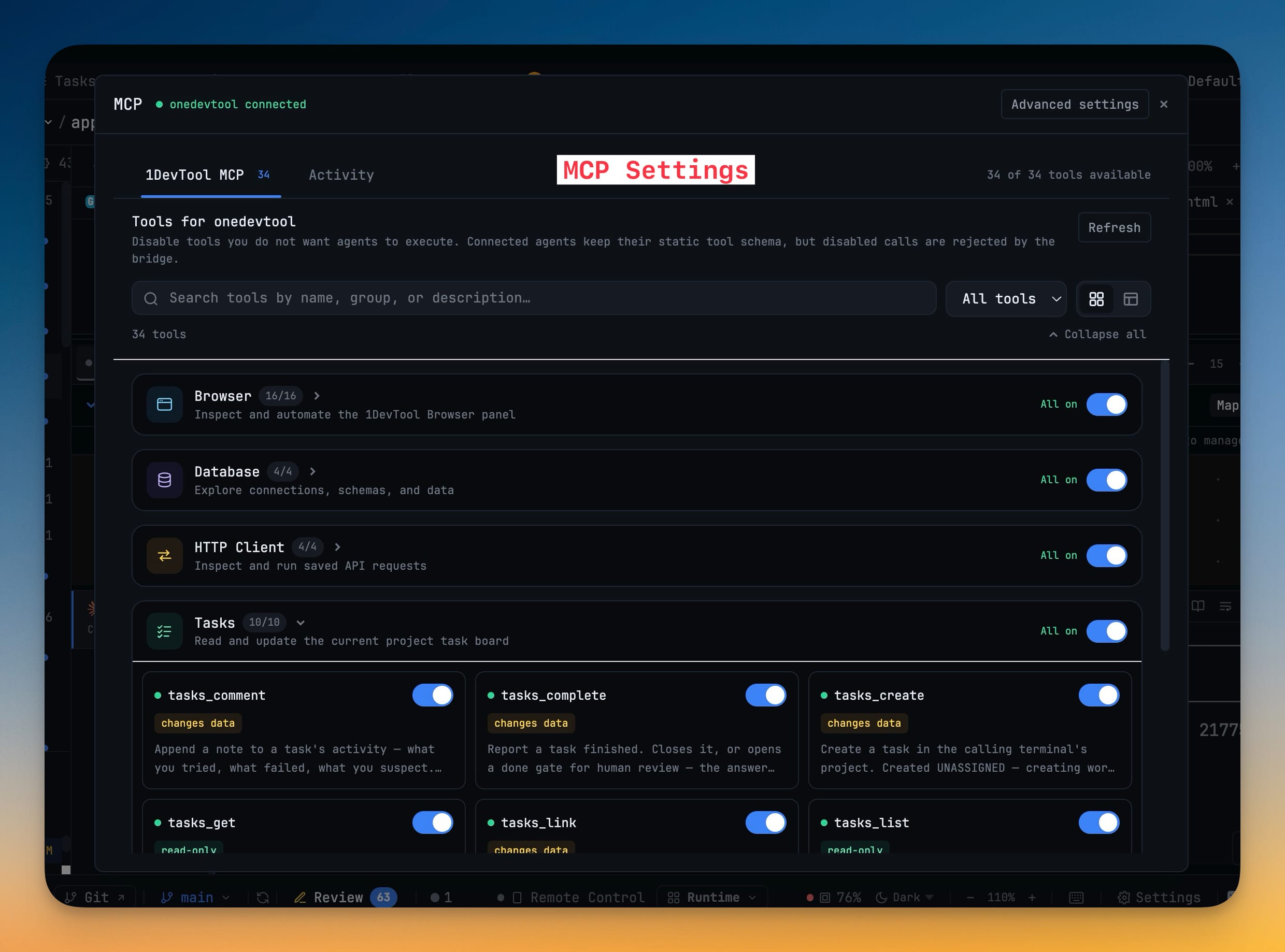 MCP Control — One place to see every tool your agents can reach through 1DevTool — and to turn individual tools on and off.