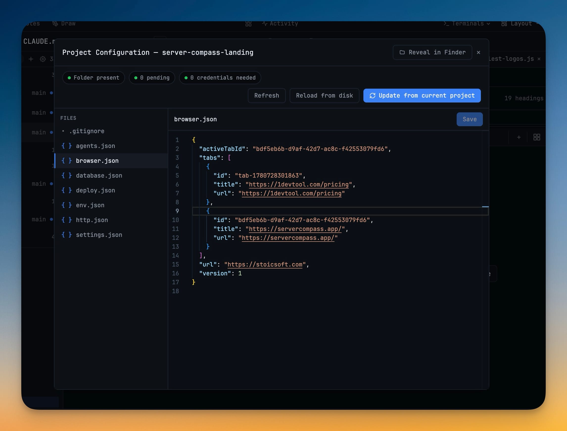 Project Configuration — A .1devtool/ folder in your repo that carries terminals, startup commands, and tasks — so a teammate cloning it gets your setup.