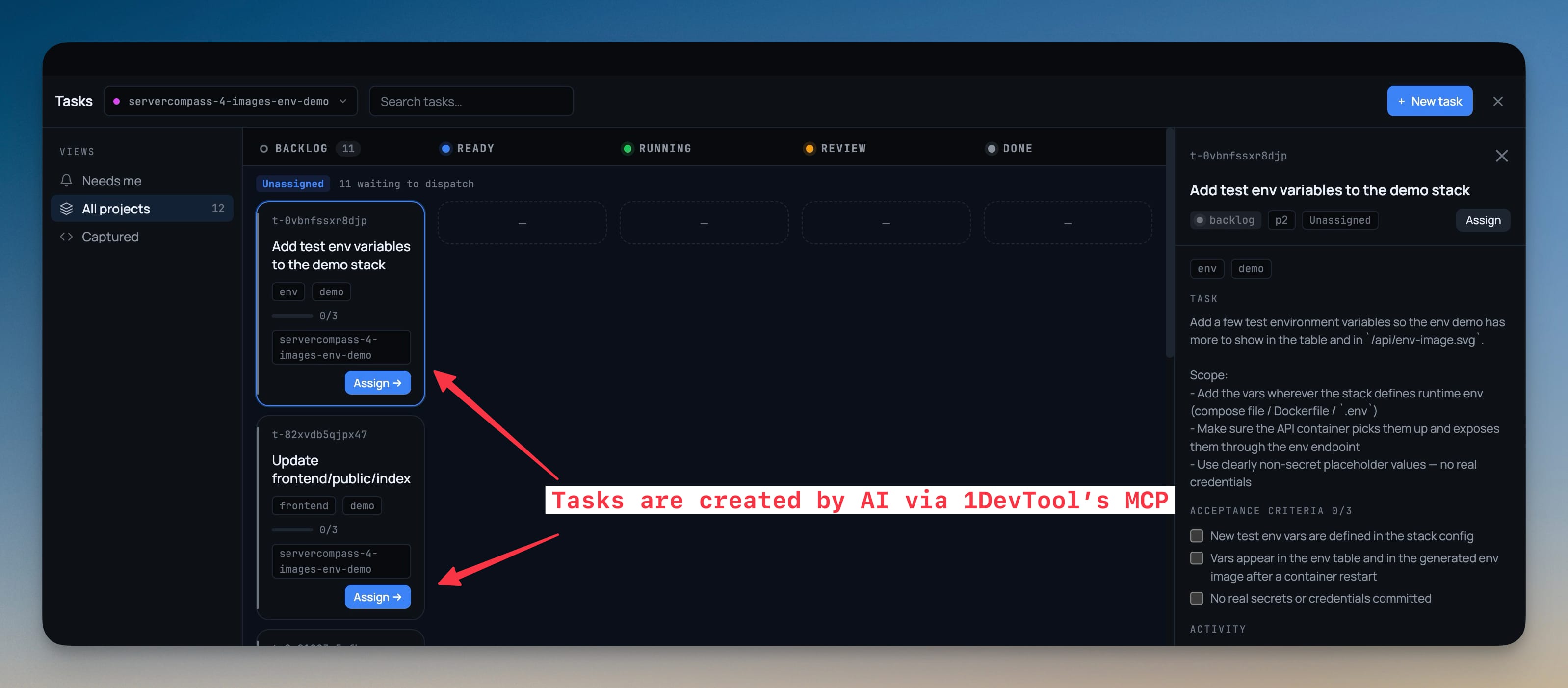 Tasks Overview — A task board your AI agents can actually work — markdown files in your repo, approval gates, and assignment that dispatches real terminals.