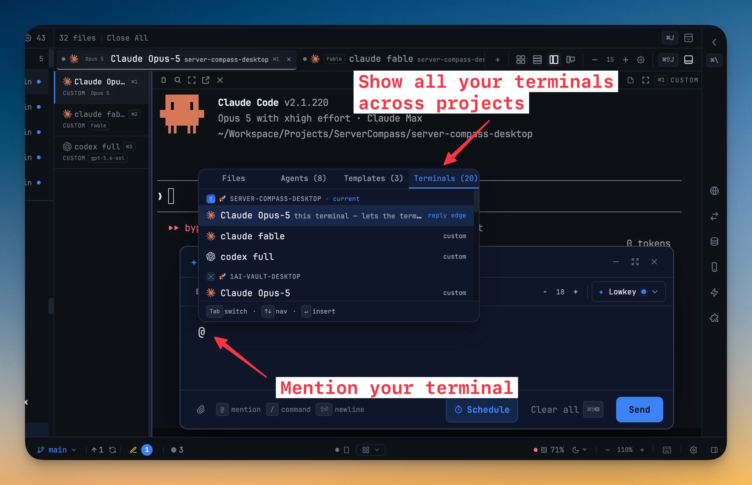 Linked Terminals — @mention an AI terminal you already have open and your prompt is delivered into that live agent — with a reply channel back to you.