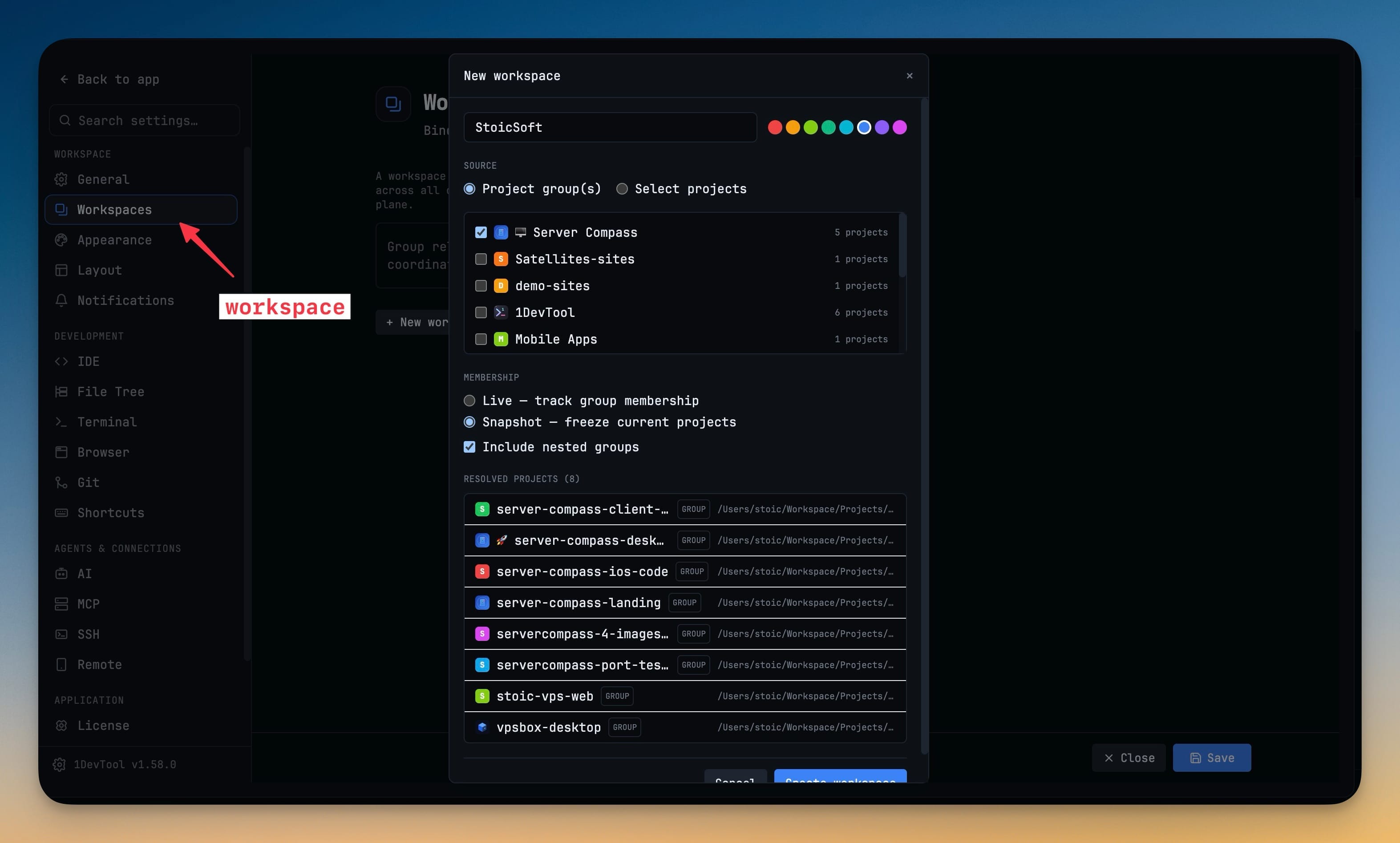 Workspaces — Bind several projects into one named product — shared mentions, a cross-project task view, and a Team Map filter.