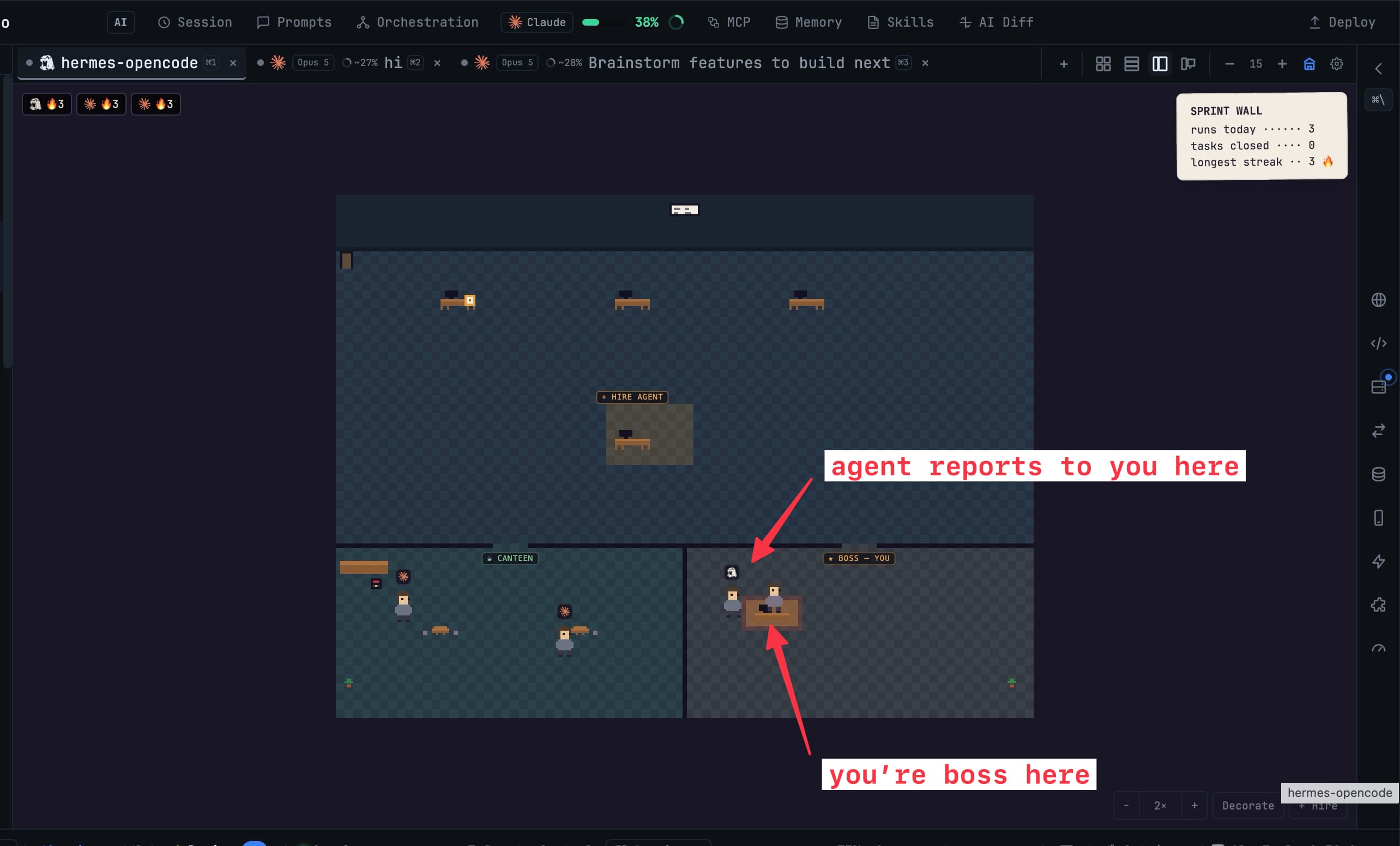 Agent Office — Watch every AI terminal as a character in a pixel office — status as body language, a review inbox, a sprint wall, and a shareable team photo.
