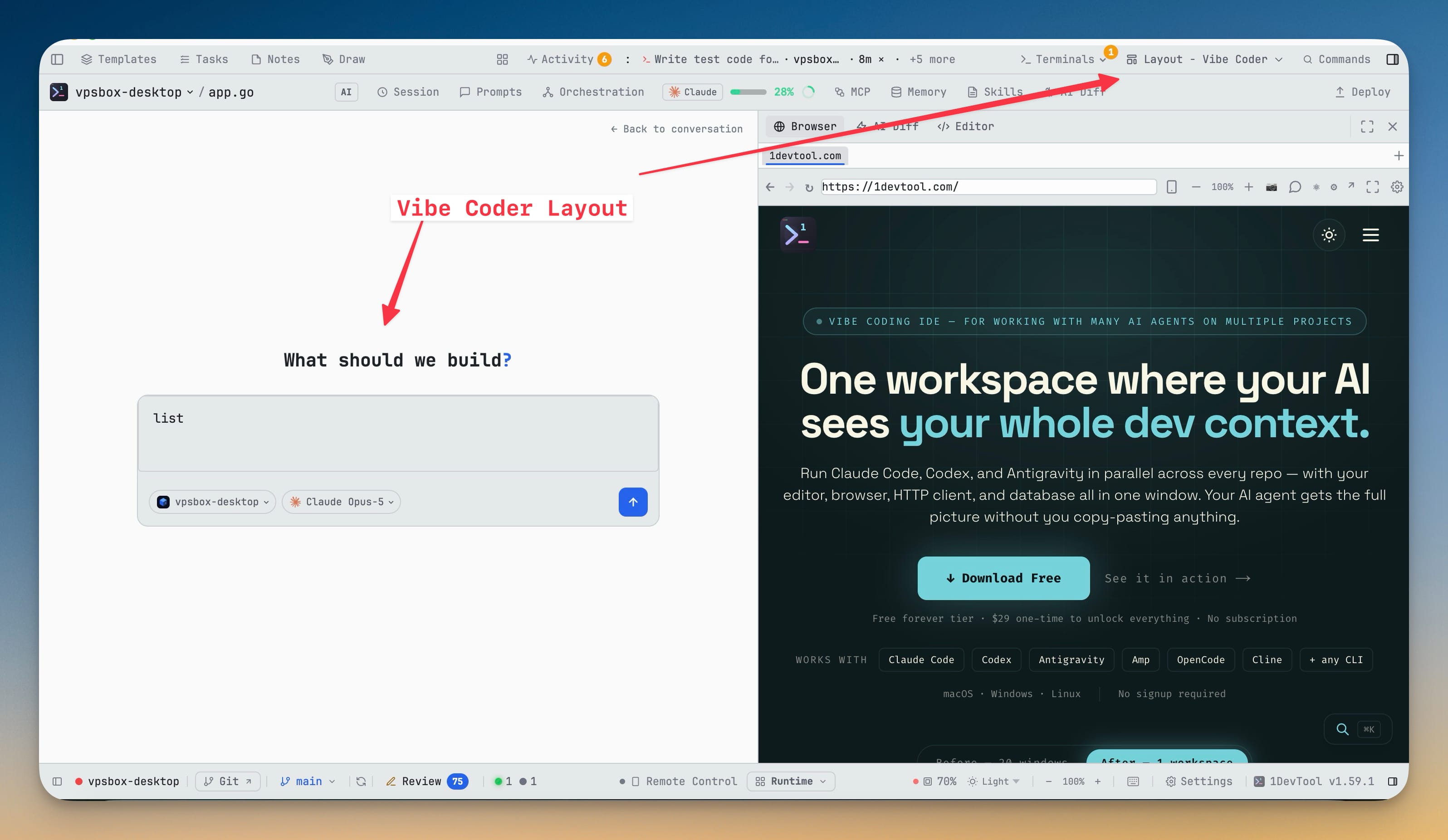 Vibe Coder Layout — A prompt-first layout: one full-size composer, chips for project, agent, and model, and Preview, Changes, and Code side by side.