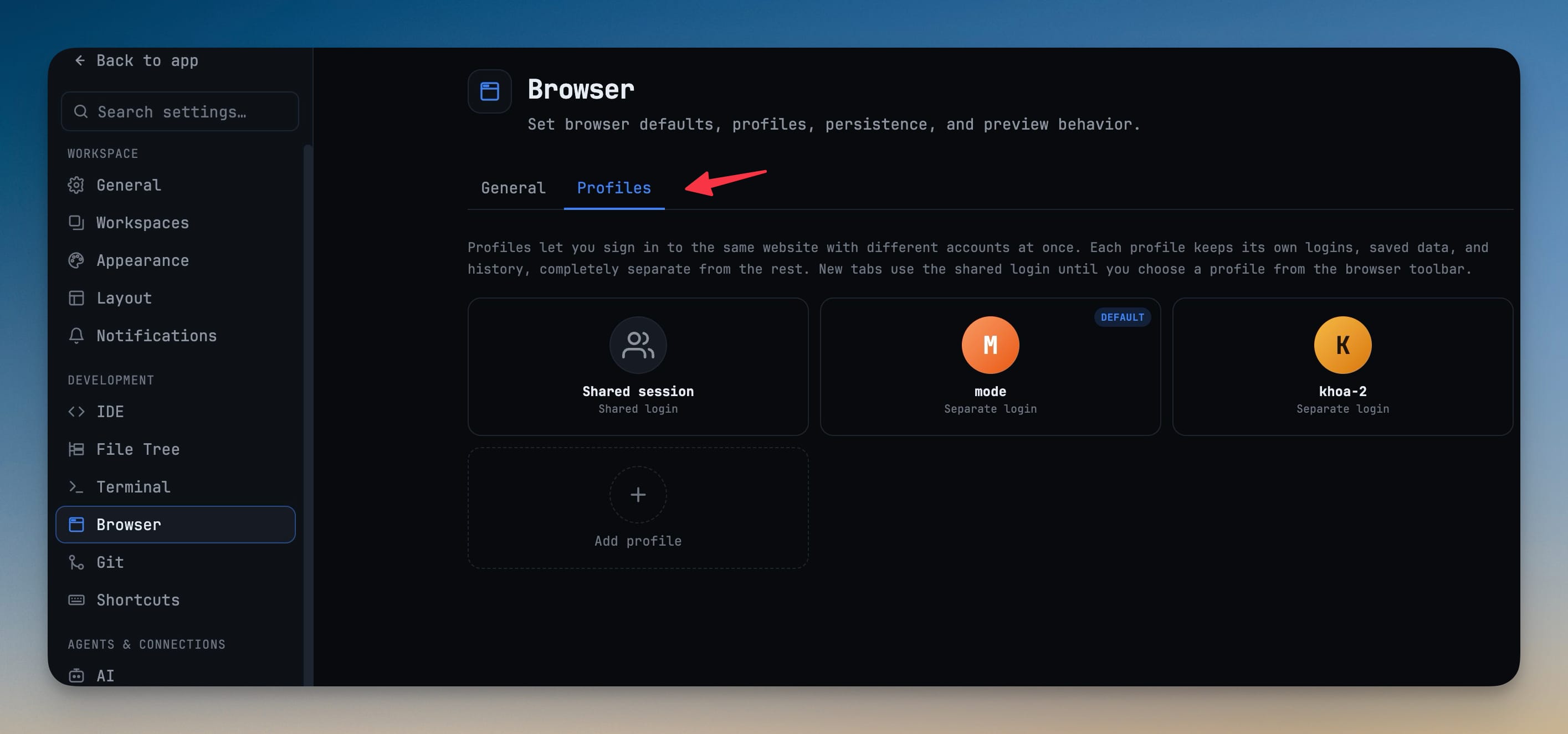 Browser Profiles — Give any browser tab its own login — separate cookies, storage, and history — so two accounts at the same site work side by side.