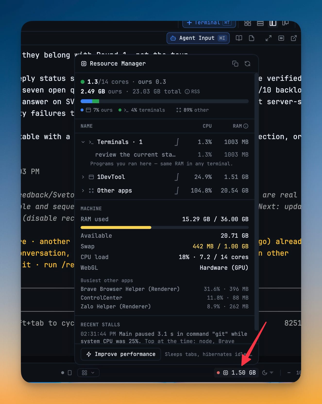 Resource Manager — Split CPU and memory into 1DevTool, your terminals and other apps — then reveal the pane that is actually the problem.