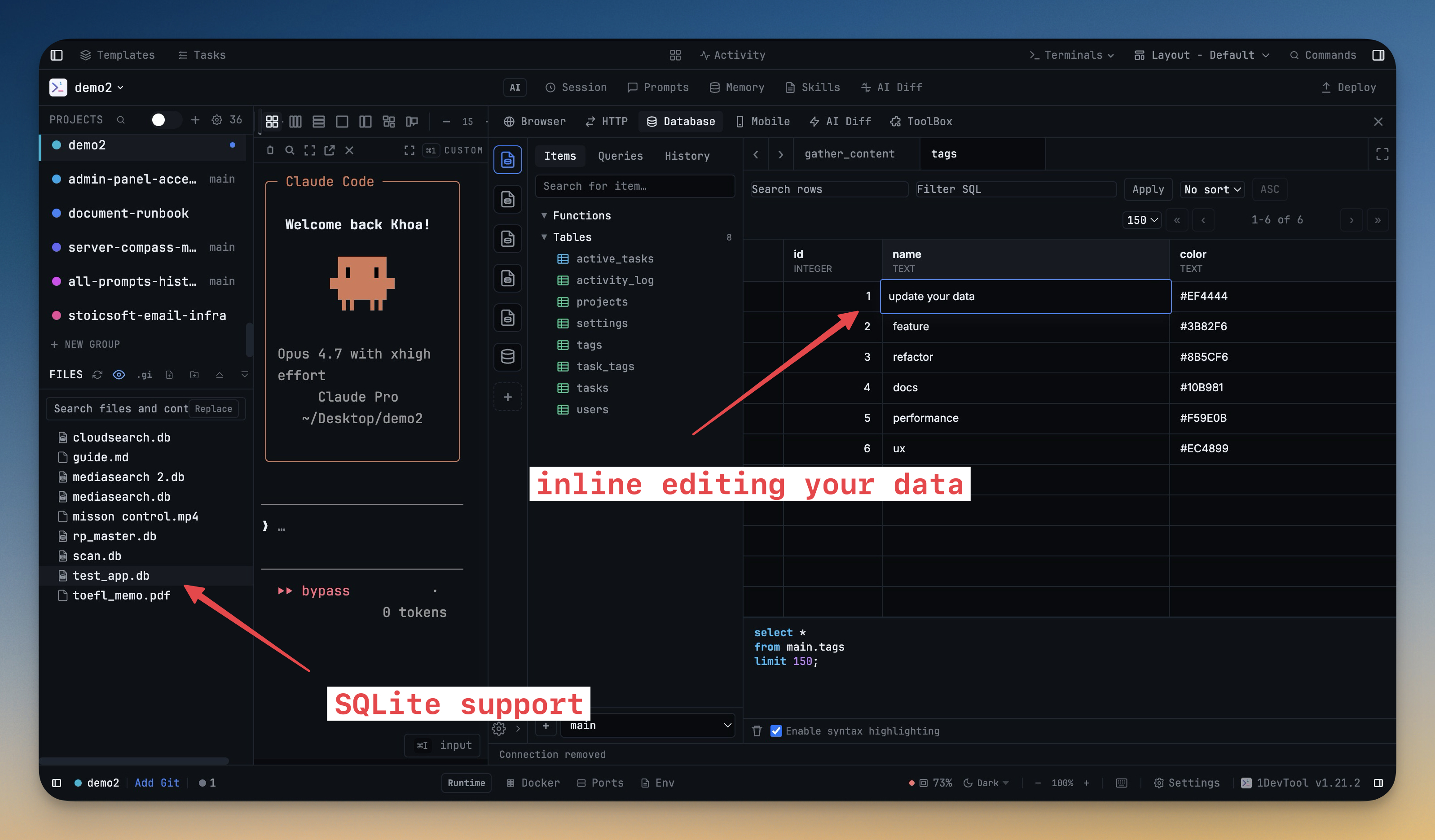 Database Client — Overview — A full SQL and NoSQL database client built into your workspace — no extra app needed.