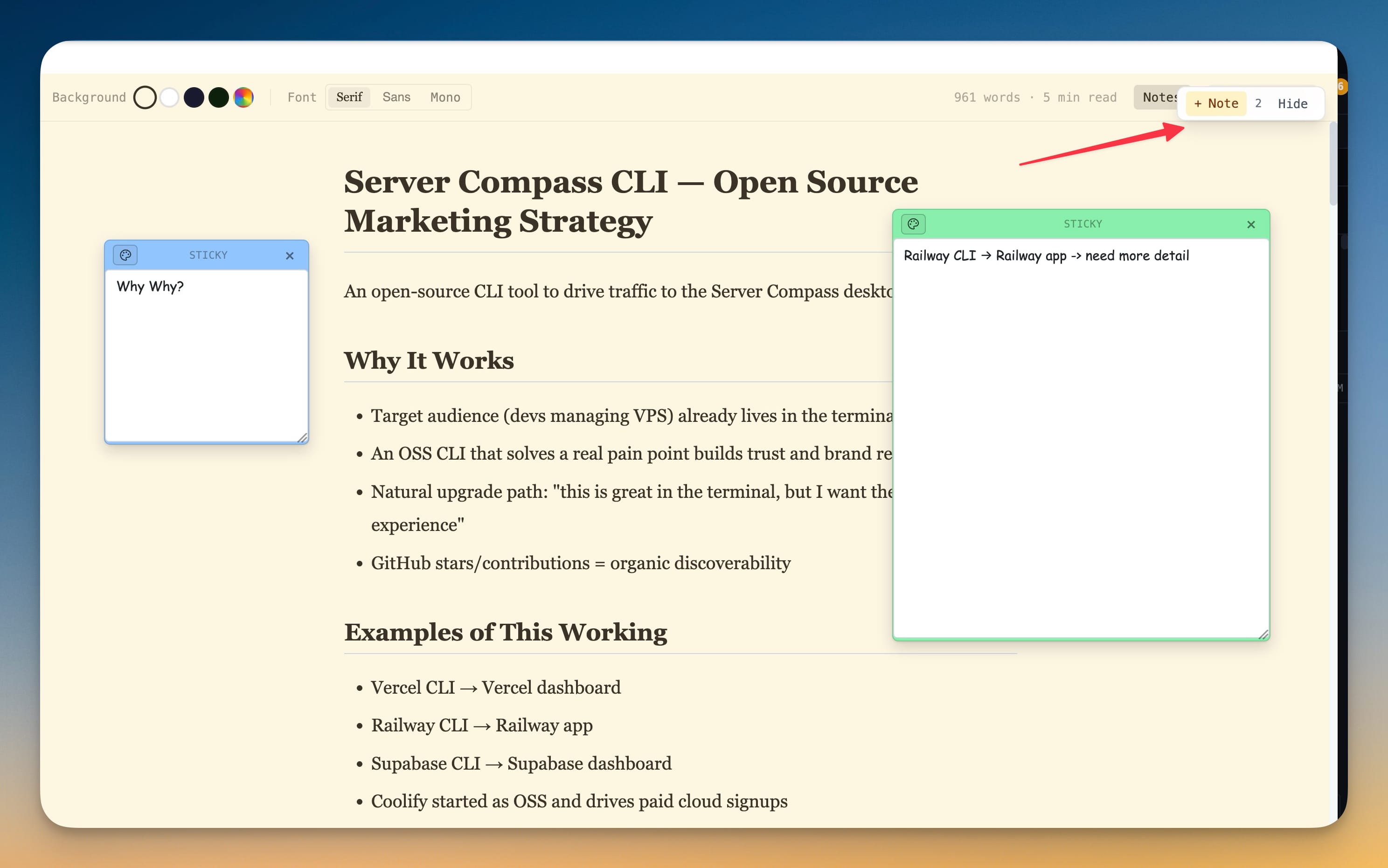 Sticky Notes — Pin a note to a terminal, a file, or a project — written in Markdown, readable as formatted text, and visible on your phone.