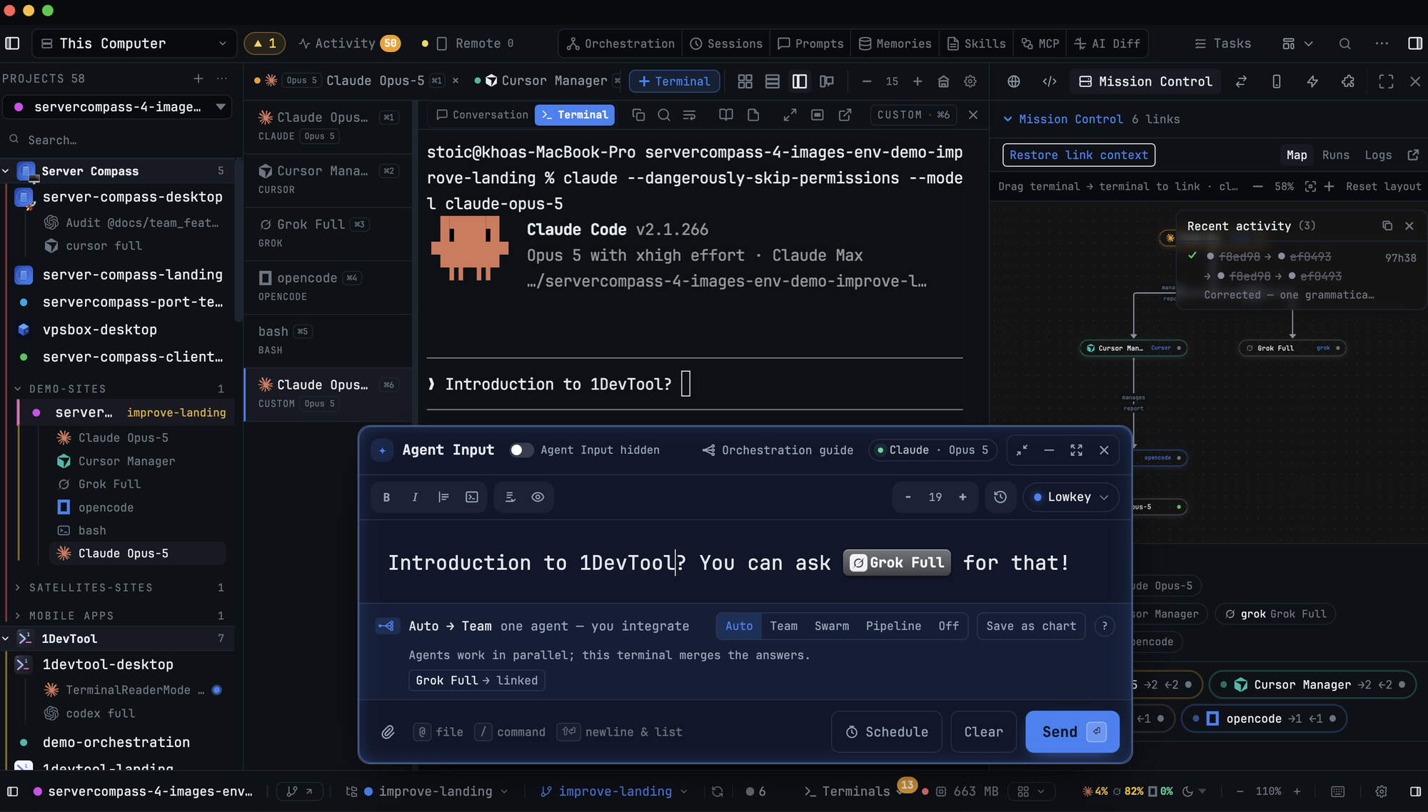 1DevTool with everything open at once: the machine picker and project sidebar on the left, a rail of agent terminals, Claude Code running in the centre pane, the Agent Input composer floating over it, and Mission Control's live link map on the right.